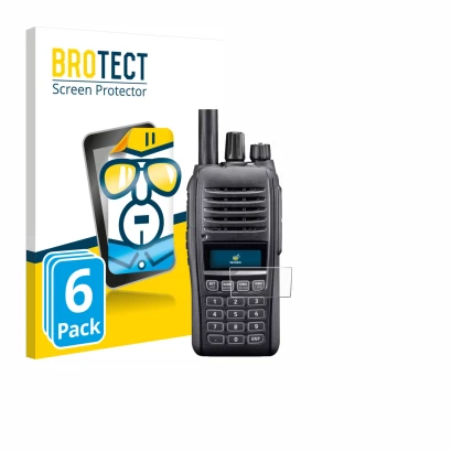 Front side of a product packaging with the brand logo BROTECT. Next to it is the device Icom IC-T10 shown with the correspondi