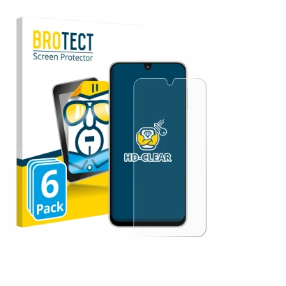 Front side of a product packaging with the brand logo BROTECT. Next to it is the device Samsung Galaxy M16 shown with the corr