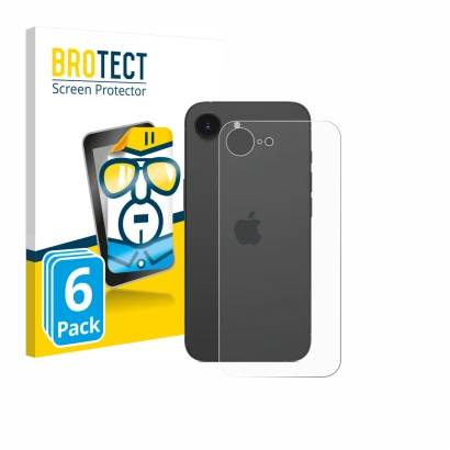 Front side of a product packaging with the brand logo BROTECT. Next to it is the device Apple iPhone 17e (Back) shown with the