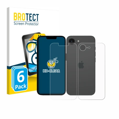 Front side of a product packaging with the brand logo BROTECT. Next to it is the device Apple iPhone 17e (Front+Back) shown wi