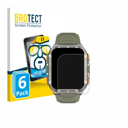 Front side of a product packaging with the brand logo BROTECT. Next to it is the device Blackview W80 Pro 1,91" shown with the