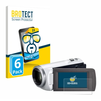 Front side of a product packaging with the brand logo BROTECT. Next to it is the device Panasonic HC-V480MS shown with the cor