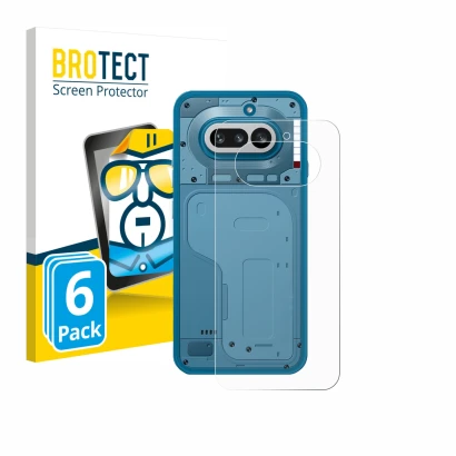 Front side of a product packaging with the brand logo BROTECT. Next to it is the device Nothing Phone (4a) (Back) shown with t