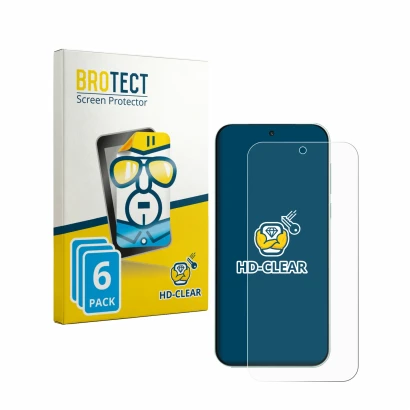 Front side of a product packaging with the brand logo BROTECT. Next to it is the device OnePlus Nord 6 shown with the correspo