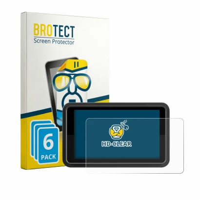 Front side of a product packaging with the brand logo BROTECT. Next to it is the device Atomos Ninja TX GO 5" shown with the c