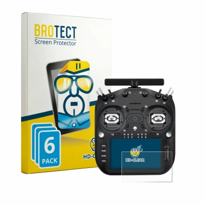 Front side of a product packaging with the brand logo BROTECT. Next to it is the device Radiomaster TX16S MK3 shown with the c