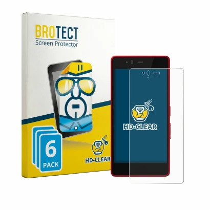 Front side of a product packaging with the brand logo BROTECT. Next to it is the device Fujitsu Arrows M04 shown with the corr
