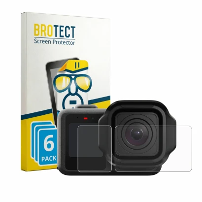 Front side of a product packaging with the brand logo BROTECT. Next to it is the device GoPro Mission 1 Pro shown with the cor