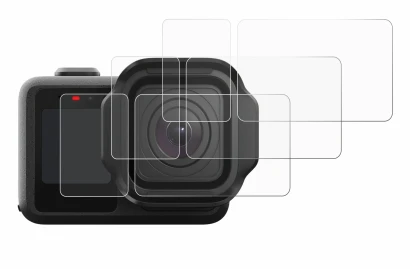 Image of the device GoPro Mission 1 Pro with a wide variety of screen protectors.