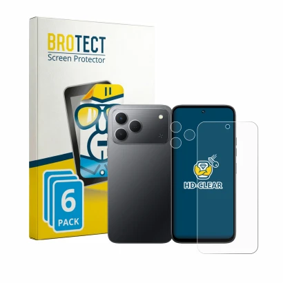 Front side of a product packaging with the brand logo BROTECT. Next to it is the device Tecno Spark 50 4G (Front+Camera) shown