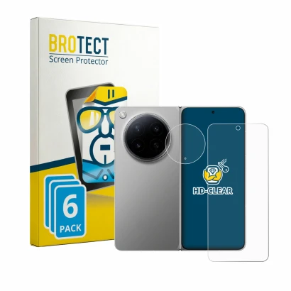 Front side of a product packaging with the brand logo BROTECT. Next to it is the device Oppo Find N6 (Front+Camera) shown with