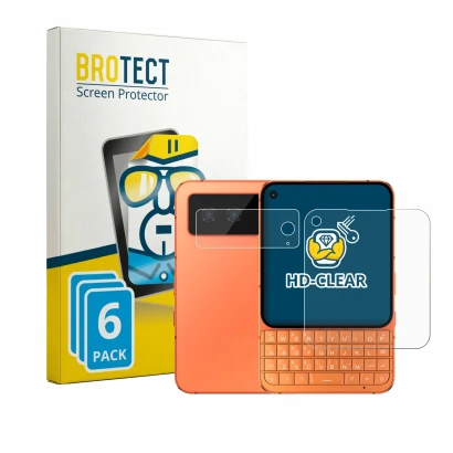 Front side of a product packaging with the brand logo BROTECT. Next to it is the device Unihertz Titan 2 Elite (Front+Camera)