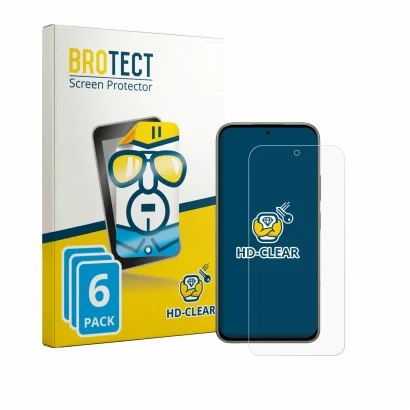 Front side of a product packaging with the brand logo BROTECT. Next to it is the device Tecno Pova 8 shown with the correspond