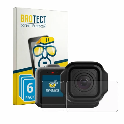 Front side of a product packaging with the brand logo BROTECT. Next to it is the device GoPro Mission 1 shown with the corresp