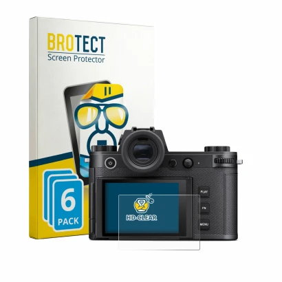 Front side of a product packaging with the brand logo BROTECT. Next to it is the device Leica SL3-P shown with the correspondi