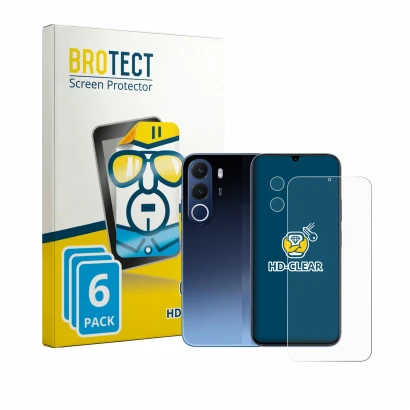Front side of a product packaging with the brand logo BROTECT. Next to it is the device realme C100x (Front+Camera) shown with