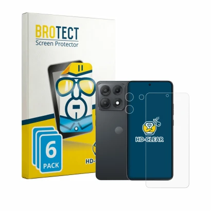 Front side of a product packaging with the brand logo BROTECT. Next to it is the device Motorola Edge 70 Max (Front+Camera) sh