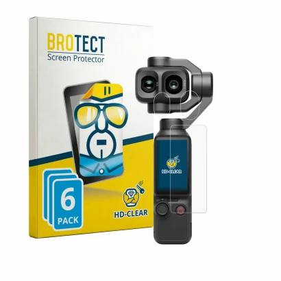 Front side of a product packaging with the brand logo BROTECT. Next to it is the device DJI Osmo Pocket 4P (Display + Lens) sh