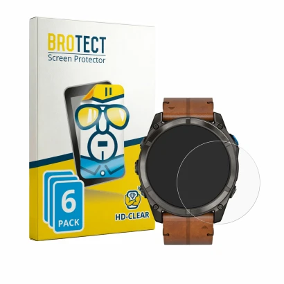 Front side of a product packaging with the brand logo BROTECT. Next to it is the device Garmin D2 Mach 2 Pro (51 mm) shown wit