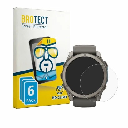 Front side of a product packaging with the brand logo BROTECT. Next to it is the device Garmin Fenix 9 (51 mm) shown with the 