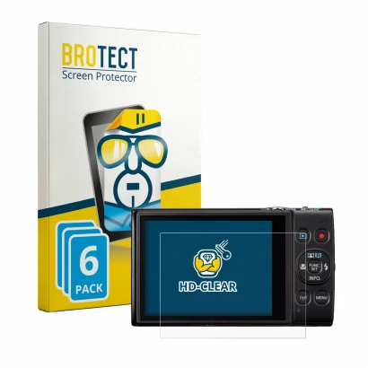 Front side of a product packaging with the brand logo BROTECT. Next to it is the device Canon IXUS 285 HS A shown with the cor