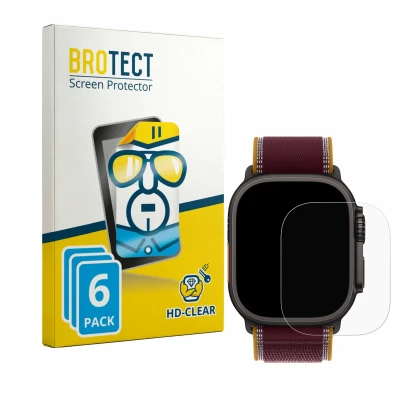 Front side of a product packaging with the brand logo BROTECT. Next to it is the device Apple Watch Ultra 4 (49 mm) shown with
