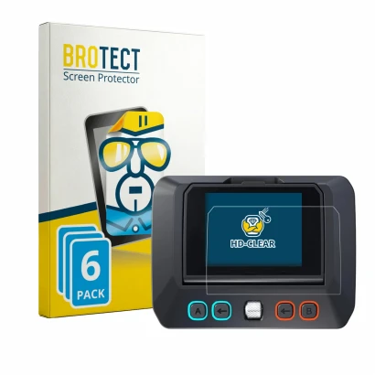 Front side of a product packaging with the brand logo BROTECT. Next to it is the device SkyRc D8neo shown with the correspondi