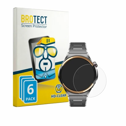 Front side of a product packaging with the brand logo BROTECT. Next to it is the device Huawei Watch 6 Pro 46 mm shown with th