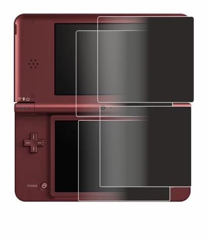 Image of the device Nintendo DSi XL with a wide variety of screen protectors.