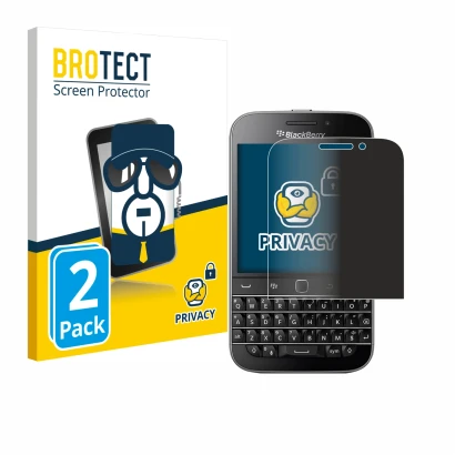 Front side of a product packaging with the brand logo BROTECT. Next to it is the device Blackberry Classic Q20 shown with the 