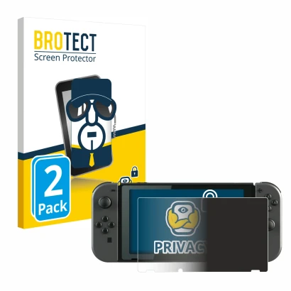 Front side of a product packaging with the brand logo BROTECT. Next to it is the device Nintendo Switch shown with the corresp