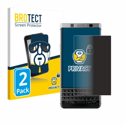 Front side of a product packaging with the brand logo BROTECT. Next to it is the device BlackBerry Keyone shown with the corre