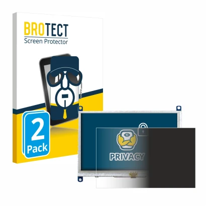 Front side of a product packaging with the brand logo BROTECT. Next to it is the device Raspberry Pi Touchscreen 5" shown with