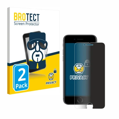 Front side of a product packaging with the brand logo BROTECT. Next to it is the device Apple iPhone 8 shown with the correspo