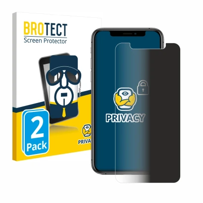 Front side of a product packaging with the brand logo BROTECT. Next to it is the device Apple iPhone Xs shown with the corresp