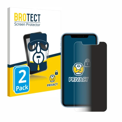 Front side of a product packaging with the brand logo BROTECT. Next to it is the device Apple iPhone XR shown with the corresp
