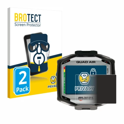 Front side of a product packaging with the brand logo BROTECT. Next to it is the device Mares Quad Air shown with the correspo