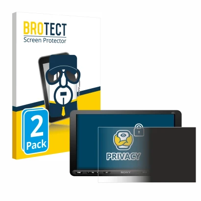 Front side of a product packaging with the brand logo BROTECT. Next to it is the device Sony XAV-AX8050D shown with the corres