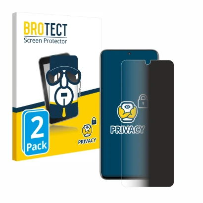 Front side of a product packaging with the brand logo BROTECT. Next to it is the device Samsung Galaxy S20 shown with the corr