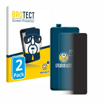 Front side of a product packaging with the brand logo BROTECT. Next to it is the device Xiaomi Poco F2 Pro shown with the corr