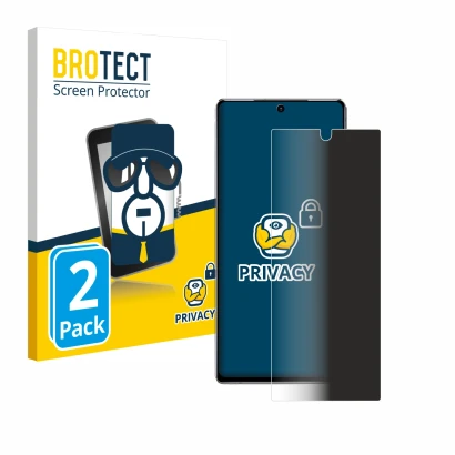 Front side of a product packaging with the brand logo BROTECT. Next to it is the device Samsung Galaxy Note 20 5G shown with t