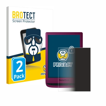 Front side of a product packaging with the brand logo BROTECT. Next to it is the device PocketBook Touch Lux 5 shown with the 
