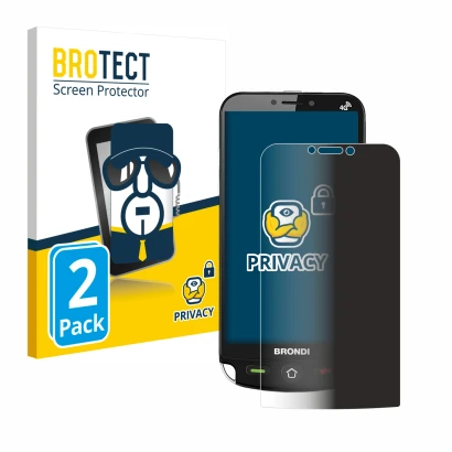 Front side of a product packaging with the brand logo BROTECT. Next to it is the device Brondi Amico Dual Sim shown with the c