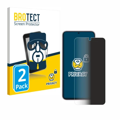 Front side of a product packaging with the brand logo BROTECT. Next to it is the device Samsung Galaxy S23 shown with the corr