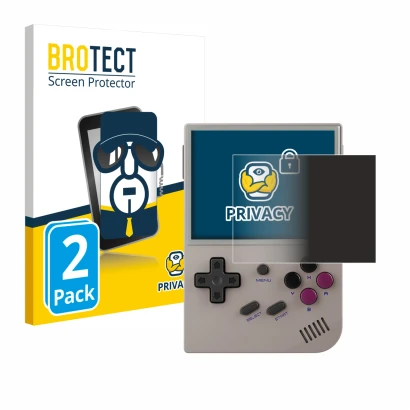 Front side of a product packaging with the brand logo BROTECT. Next to it is the device Anbernic RG35XX shown with the corresp