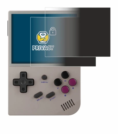 Image of the device Anbernic RG35XX with a wide variety of screen protectors.