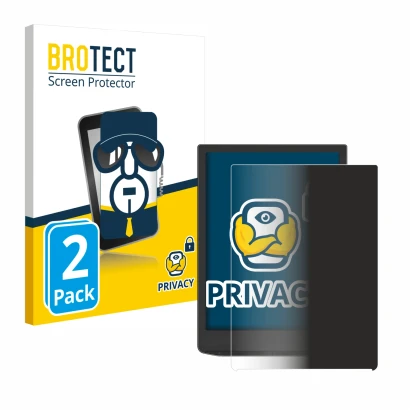 Front side of a product packaging with the brand logo BROTECT. Next to it is the device PocketBook InkPad 4 shown with the cor