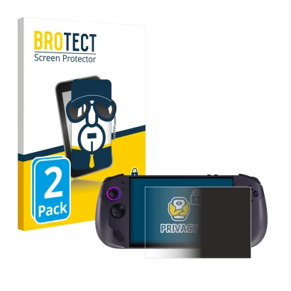 Front side of a product packaging with the brand logo BROTECT. Next to it is the device Lenovo Legion Go S shown with the corr