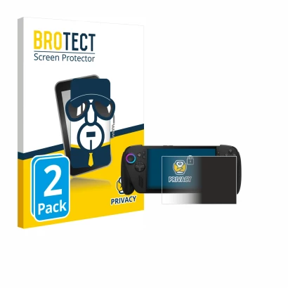 Front side of a product packaging with the brand logo BROTECT. Next to it is the device ASUS ROG Ally X 2025 shown with the co