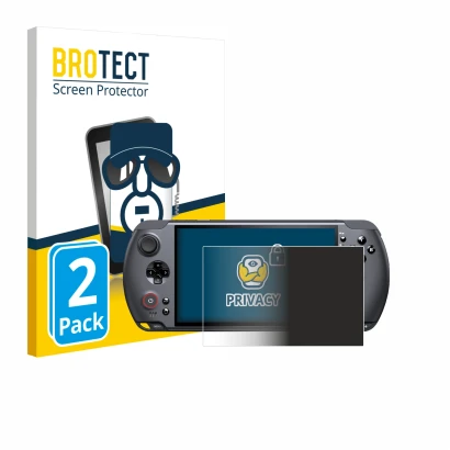 Front side of a product packaging with the brand logo BROTECT. Next to it is the device GPD Win 5 shown with the corresponding